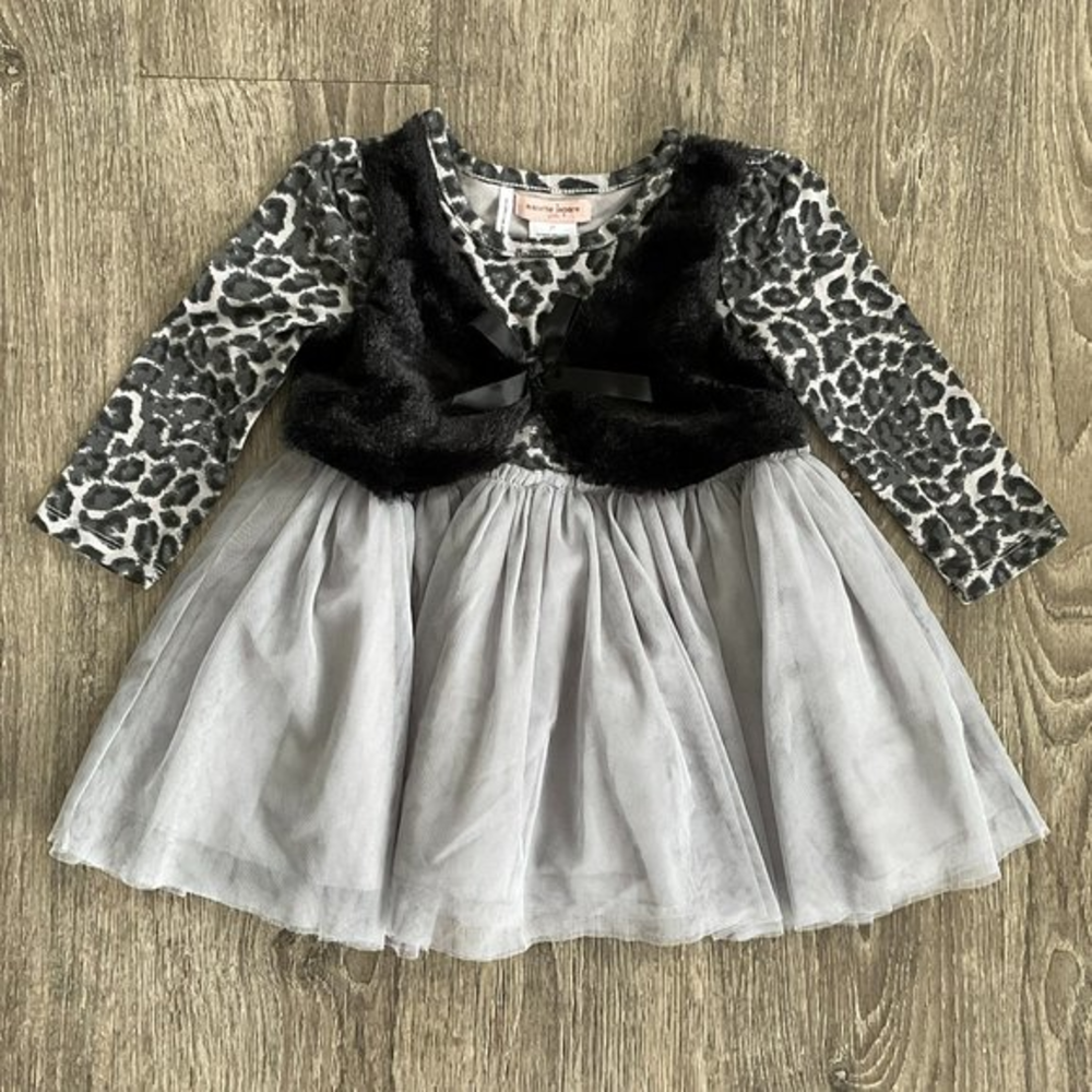 Nanette Lepore Girls Toddler Dress Grey Cheetah Print Faux Fur Long Sleeve